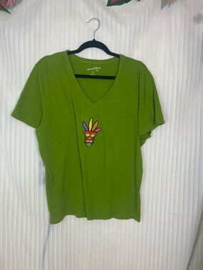 Universal Thread Green V-Neck Tee with Colorful Embroidered Mask